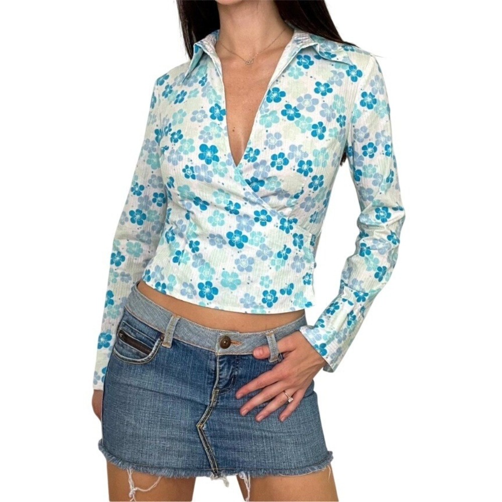 Express Vintage‎ Y2K Floral Wrap Top Blue Green Indie Blouse Sz 1/2 XS NWT